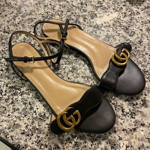 GUCCI - Marmont Flat Double-G black Leather